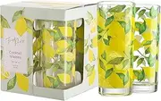 Glaver's Set of 4 Lemon Print Highball Glasses, 10 oz Summer Drinking Glassware for Water Juice Cocktail Smoothies Beer Decorative Party Everyday Kids Adult Cute Drinkware