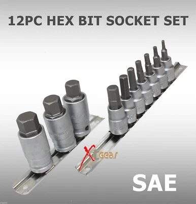 NEW 12pc 3/8" & 1/2" Drive SAE Hex Bit Allen Wrench Socket Set on Snap in Rails