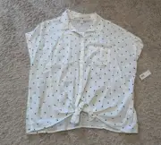 Old Navy Tie Front Top Women Sz XXL Linen Blend Button Down Cap Sleeve Polka Dot