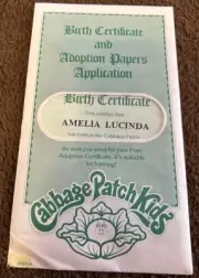 Cabbage Patch Kids Birth Certificate Sealed Amelia Lucinda