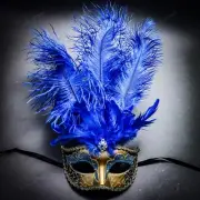 Venetian Gold Blue Masquerade Mask Show Girl Ostrich TopFeather Eye Mask Costume