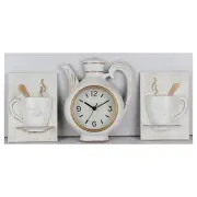 PREMIUS 3 Piece Coffee Wall Clock with Mugs Accent, White, 9x11 Inches