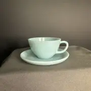 Fire King Oven Ware Turquoise Blue Tea Cup & Saucer, Delphite 1956-1958