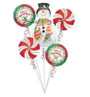 Snowman Doo-Dads Merry Christmas Mint and Candy Cane Balloon Bouquet 5 Balloons