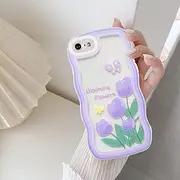 UEEBAI Wave Frame Case for iPhone SE3/iPhone 7/iPhone 8/iPhone SE 2020 Phone Case,Cute Wave Frame Slim Fit Shockproof Bumper Cover Soft Pretty Curly Wavy Case Anti-Scratch TPU Case - Purple Flower