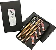 EXZACT Chopsticks Gift Set 4 Pairs Reusable Natural Bamboo with 4 pcs Wooden Chopstick Rests – in a Beautiful Black Handmade Box – Decorated Japanese Style