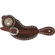 Western Dark Brown Leather Set of Hand Basket Tooled Spur Strap/ Spot & conchos