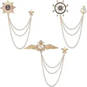 [Shuxy] 3PCS Men's Brooch Rudder Badge With Star Angel Wings Tassel Chain Brooches Hanging Detailing with Engraving Metal Crystal Brooch Suit Stud Lapel Pin Vintage Rhinestone Breastpin Wedding Brooch Pin, mix, alloy, crystal, crystal
