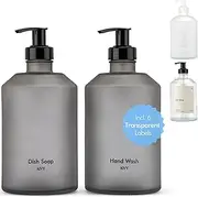 KIVY Glass Soap Dispenser Set + Waterproof Labels - for Kitchen, Bathroom & Shower - Refillable Hand soap Dispenser with Pump - Glass soap Dispenser for Kitchen Sink - Black soap Dispenser - 2X 16oz