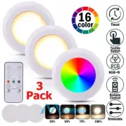 3PC Wireless RGB LED Puck Lights Closet Under Cabinet Lighting w/ Remote Control