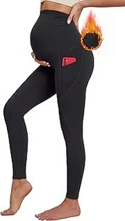 [Ewedoos] Fleece Lined Maternity Leggings with Pockets Shirred Sides Warm Pregnancy Leggings Over The Belly Thermal Yoga Pants