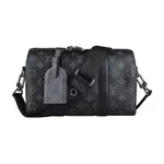 LV M45936 CITY KEEPALL花紋LOGO拼色設計MONOGRAM ECLIPSE帆布滾邊牛皮拉鍊斜背波士頓包(黑X灰)