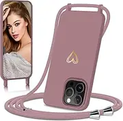 Mobile Phone Chain for iPhone 16 Pro Max Case with Strap, Gold Heart Design, Thin Shockproof Protective Case with Removable Cord for Hanging, Liquid Silicone Case, Mobile Phone Case for iPhone