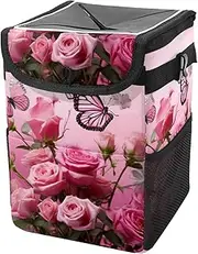 Car Trash Can with Lid and Storage Pockets Leak-Proof Organizer,Multipurpose Trash Bin for Car,Blooming Roses with Butterflies