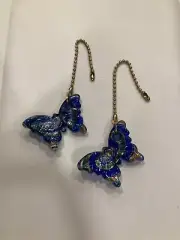BLUE GREEN GOLD BUTTERFLY ART GLASS CEILING FAN LIGHT SWITCH PULL LARGE PAIR