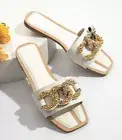 Sandals Women Size 9 Gold Metal Chain Decor White Croc Slides Sandals Box