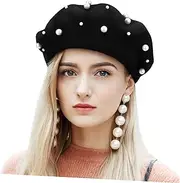 [BESTYASH] Women's Cashmere Pearl Beret Autumn Heavy Work Beret Star Beaded Rivet Size Yet Timeless Fashion Accessory Black