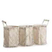 13" Long White Washed Triple Chicken Wire and Linen Storage Basket