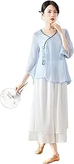 [Angcoco] Women's Retro Chinese Style V-Neck Half Sleeved Dance Top LightBlue