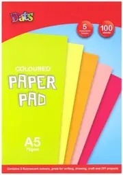 100 Coloured Paper Pad A5 75gsm Arts Craft DIY 5 Fluro Colours Drawing Writing