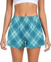 [FRODOTGV] Turquoise Buffalo Check Women's Athletic Shorts with Pockets Exercise Shorts for Running Yoga Sports Beach S
