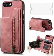 Asuwish Phone Case for iPhone 7plus 8plus 7/8 Plus Wallet Cell Cover with Tempered Glass Screen Protector Slim Stand Credit Card Holder Slot i Phone7s 7s + 7+ 8s 8+ Phones8 7p 8p Women Girl Men Pink