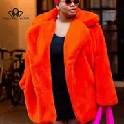 Long Fashion Fur Plush Warm Elegant Casual Loose Coat Winter Thickened Lapel Fluffy Coat orange 3XL
