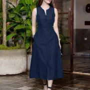 ZANZEA Women's Vintage Sleeveless V-Neck Plain Midi Dresses Casual Loose Front Slit Sundress Solid Color Dress