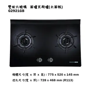 【櫻花】 【G2921GB】雙炫火玻璃檯面爐雙口爐瓦斯爐(大面板)(含全台安裝)