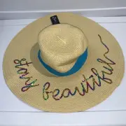 NWT TRENDY VIBES Womens Floppy Sun Hat Wide Brim STAY BEAUTIFUL Woven Beach