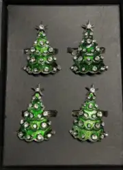 CHRISTIAN SIRIANO NAPKIN RINGS (4) TREES GREEN WITH WHITE RHINESTONES NIB