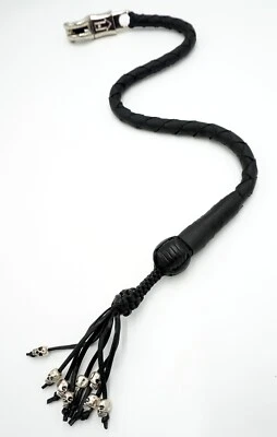 PU Leather Motorcycle Whip Get Back whip 1" Ball & Skulls 36" SOLID BLACK