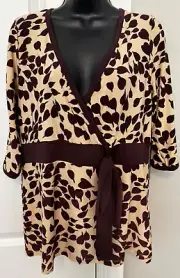 NWT $130 BCBG MAXAZRIA FAUX WRAP TOP SHIRT LEAF BROWN TAN STRETCH DESIGNER TEE