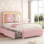 Twin Boucle Upholstered LED Bed Frame with Storage Drawer and Adjustable Chic Double Arc Headboard, Princess Platform Cloud Bed for Kids/Girls, Heavy Duty Metal Support, No Box Spring Needed, Pink