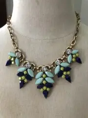 J Crew Blue, Teal and Green Flower Crystal Rhinestone Bib Statement Necklace