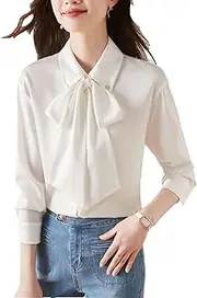 [Generic] Women's Long Sleeve Turn Down Collar Shirt Lace-Up Chiffon Shirt Elegant Dress Blouse White Shirts
