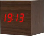 ThreeH Digital Alarm Clock Wood LED Light Mini Cube Desk Alarm Clock Displays Time Date Temperature for Kids Bedrooms Home Dormitory Travel AC10 Brown_Red
