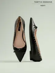 Black Tabitha Simmons x Next Emilia Leather Point Toe Bow Brogue Detail Ballerina (AR2656) | $186