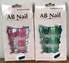 Pair 2 New Sealed Sets AB Nail Art Candy Pink Green Pre Decorated Stick On Nails