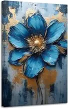 CGXLB Blue Flower Canvas Wall Art Large Floral Painting with Gold Modern Home Decor for Living Room, Bedroom, Office 16"x24"