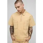 Mens Tan Boxy Short Sleeve 1/4 Zip Tinted Denim Shirt