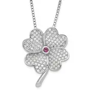 Sterling Silver Rhodium Cz & Red Corundum Four Leaf Clover Necklace
