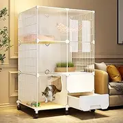 2/3 Tier Cat Enclosure, Large Indoor Playpen With Detachable Litter Box, House With Wheels, Transparent, White (28.3x18.5x44in)