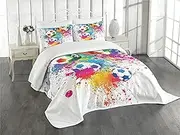 Ambesonne Soccer Bedspread Set Queen Size, Colored Splashes All Over Soccer Balls Score World Cup Championship Athletic Artful, Decorative Quilted 3 Piece Coverlet Set with 2 Pillow Shams, Multicolor