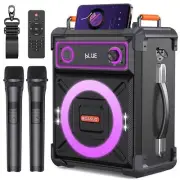 BIGASUO Wooden Karaoke Machine with 2 UHF Wireless Microphones, Portable Blue...