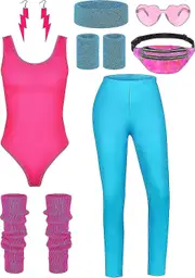 8 Pieces Women 80s Workout Costume Halloween 90s Outfit Accessories Set Leotard Bum Bag Glasses Headband Leg Warmers Fluorescent Blue Medium