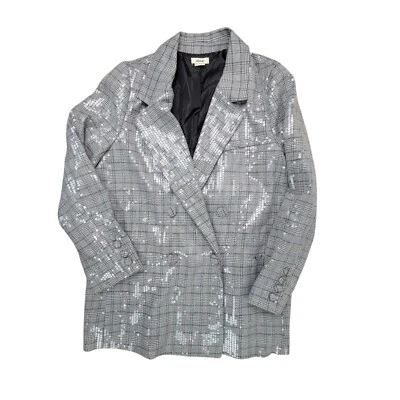 Jason Wu Sequin Plaid Double Breasted Silver Collared Womens Blazer Size Large