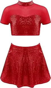 [Jugaoge] Girls Sequins Splice Mesh Short Sleeve Crop Tops with Skirt Set 2PCS Jazz Lyrical Dance Costume