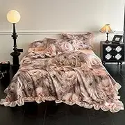 Silky Soft Cooling Summer Quilt Set Flat Sheet 2 Pillowcases for Hot Sleepers Flowers Printed Lace Blanket 200x230cm Queen Size,Color 3,200x230cm 4pcs