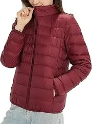 [JEShifangjiusu] Women's Lightweight Plumon Jacket with Long Sleeve Hat with Chain Winter Coat Fully Foldable Warm Short Plumon Coat, wine red, 3XL